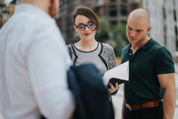 Three professionals having an outdoor business meeting, discussing ideas and reviewing notes. Team collaboration in a modern workspace concept.