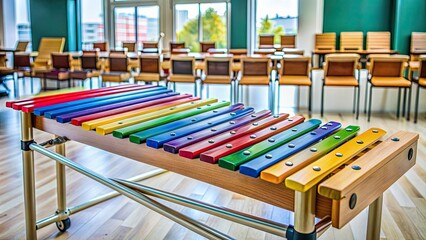 Colorful xylophone instrument with metal bars and wooden frame in a music classroom setting, music, percussion, xylophone