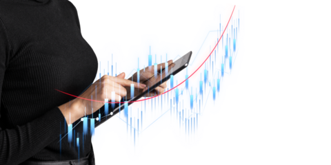 An unidentifiable person interacting with a digital chart on a tablet against a white background, illustrating data analysis