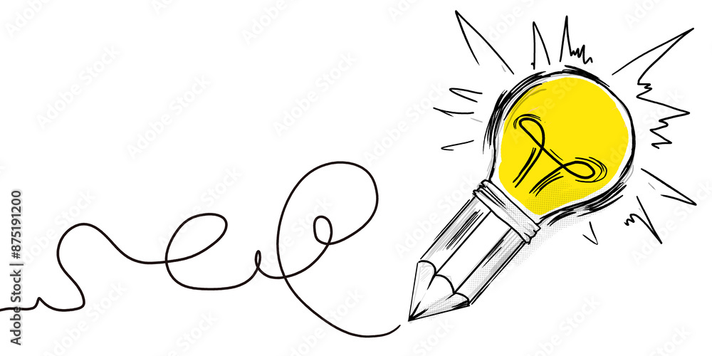 Poster a sketched pencil with a lightbulb at the tip, illustrating an idea or creativity, with a line doodl