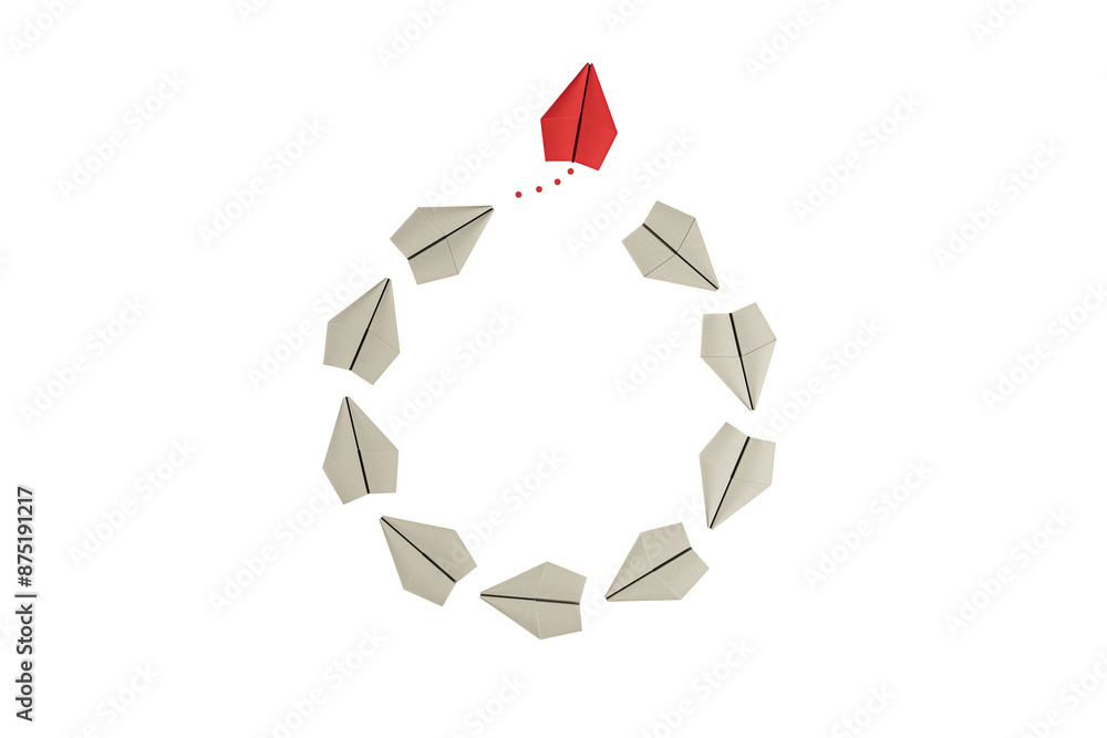 Poster a circular formation of paper airplanes with one red leading airplane against a white background, co