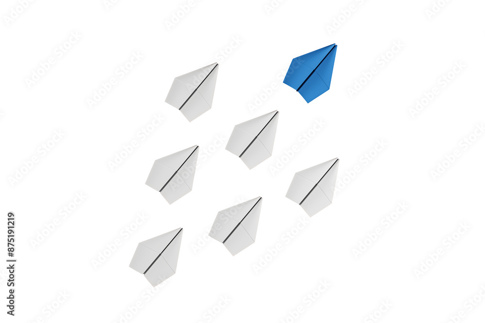 Poster multiple paper airplanes on a white background, one colored blue, symbolizing uniqueness or leadersh