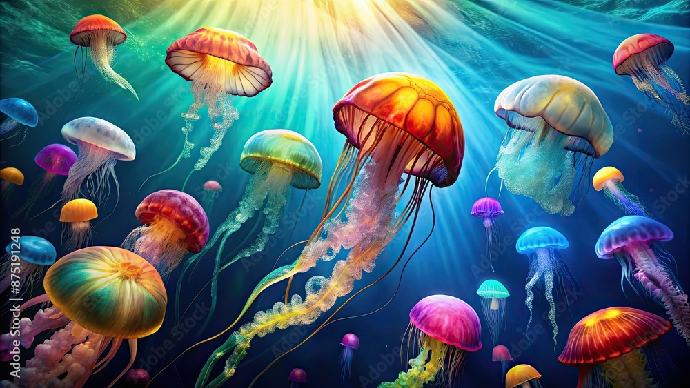 Poster Colorful jellyfish swimming in the ocean, ocean, underwater, wildlife, marine life, colorful, jellyfish, swimming