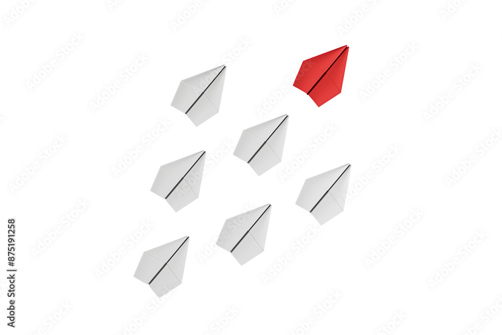 Poster multiple paper planes on a white background, one in red color standing out, symbolizing uniqueness o
