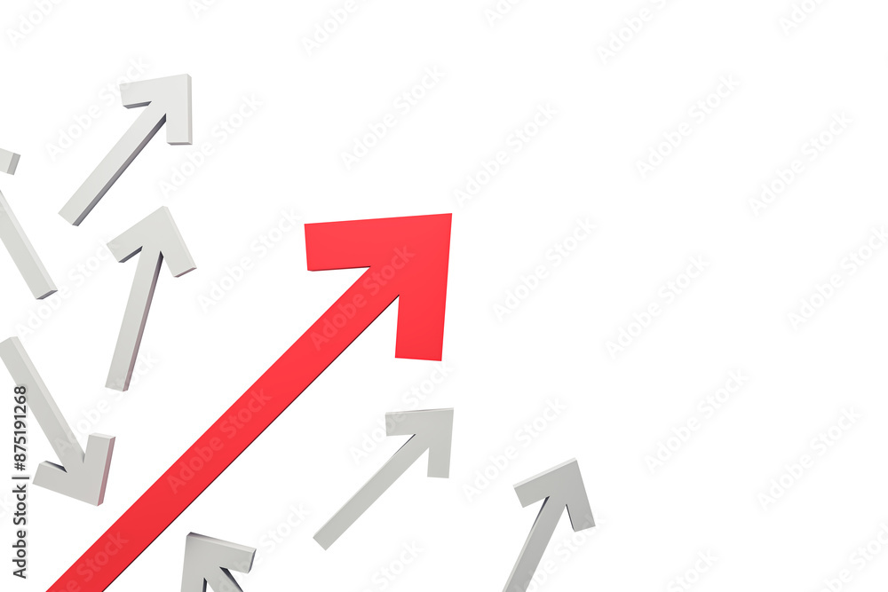 Poster multiple white arrows on a white background with a prominent red arrow pointing upwards, symbolizing