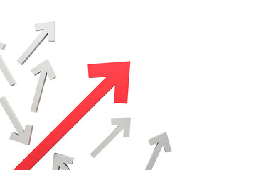 Multiple white arrows on a white background with a prominent red arrow pointing upwards, symbolizing growth or leadership. 3D Rendering