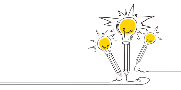 Three pencils with lightbulb ideas on top, hand-drawn illustration, on a clean white background, concept of creativity