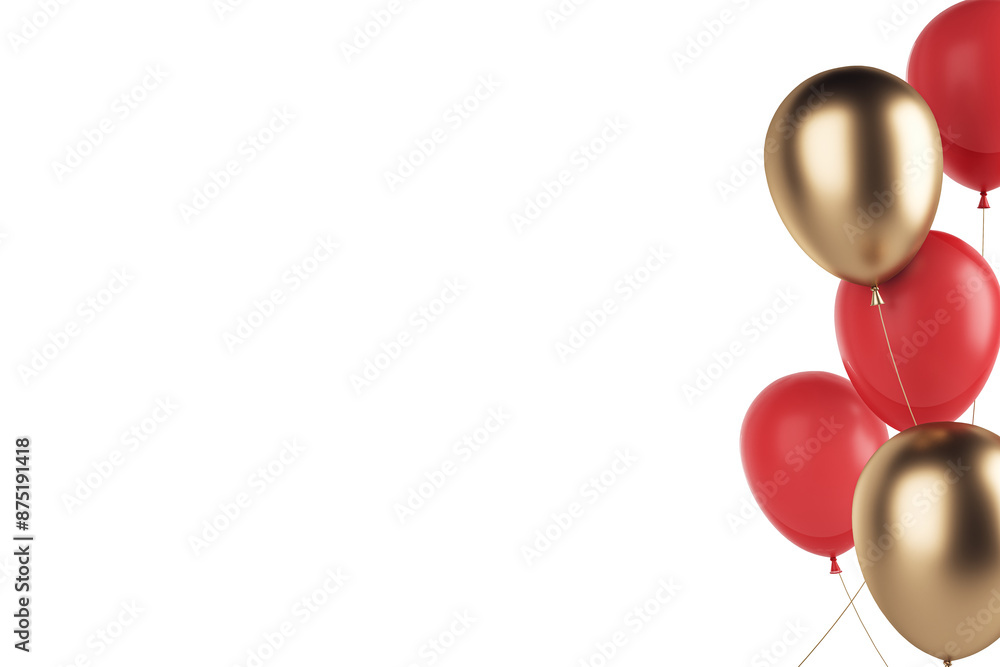 Poster a cluster of red and gold balloons on a clean white background, conveying the concept of celebration