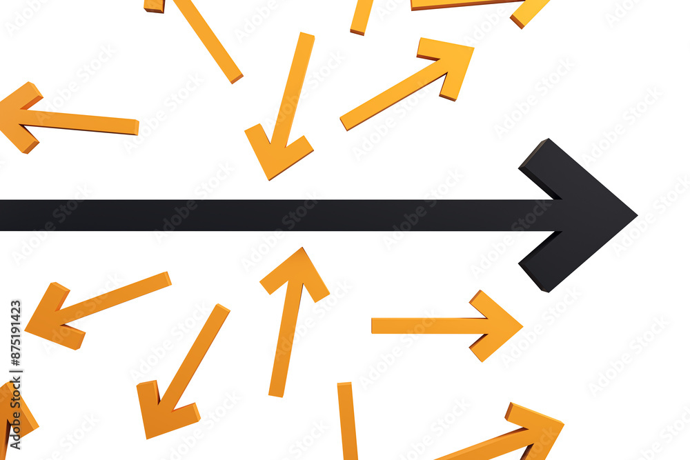 Poster orange arrows pointing at different directions around one large black arrow on a white background, c