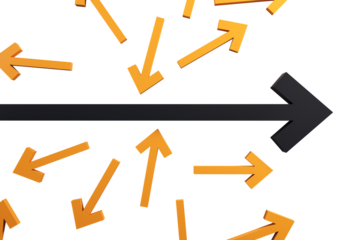 Orange arrows pointing at different directions around one large black arrow on a white background, concept of leadership or unique direction. 3D Rendering