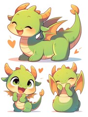 Obraz premium Three adorable green baby dragons with different expressions