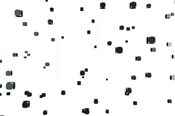 Abstract scattered pixel boxes on a white background, suggesting a digital glitch concept. 3D Rendering