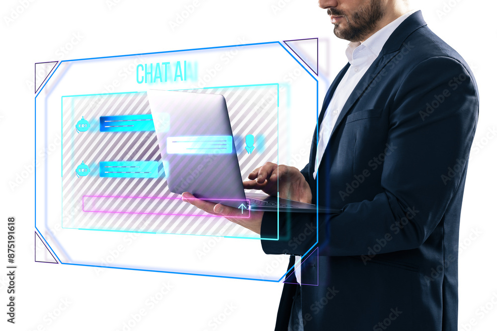 Poster A businessman using a laptop with a graphic overlay of a chat AI interface, set against an isolated white background, representing technology