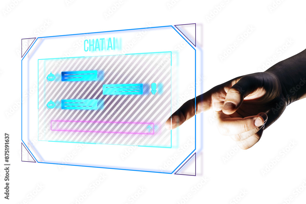 Poster a hand interacting with a holographic ai chat interface with chat bubbles on a white background, sym