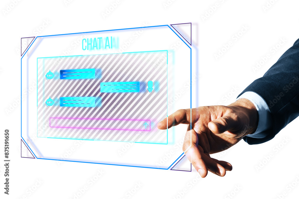 Poster a hand interacting with a futuristic ai chat interface, set against a white background, highlighting