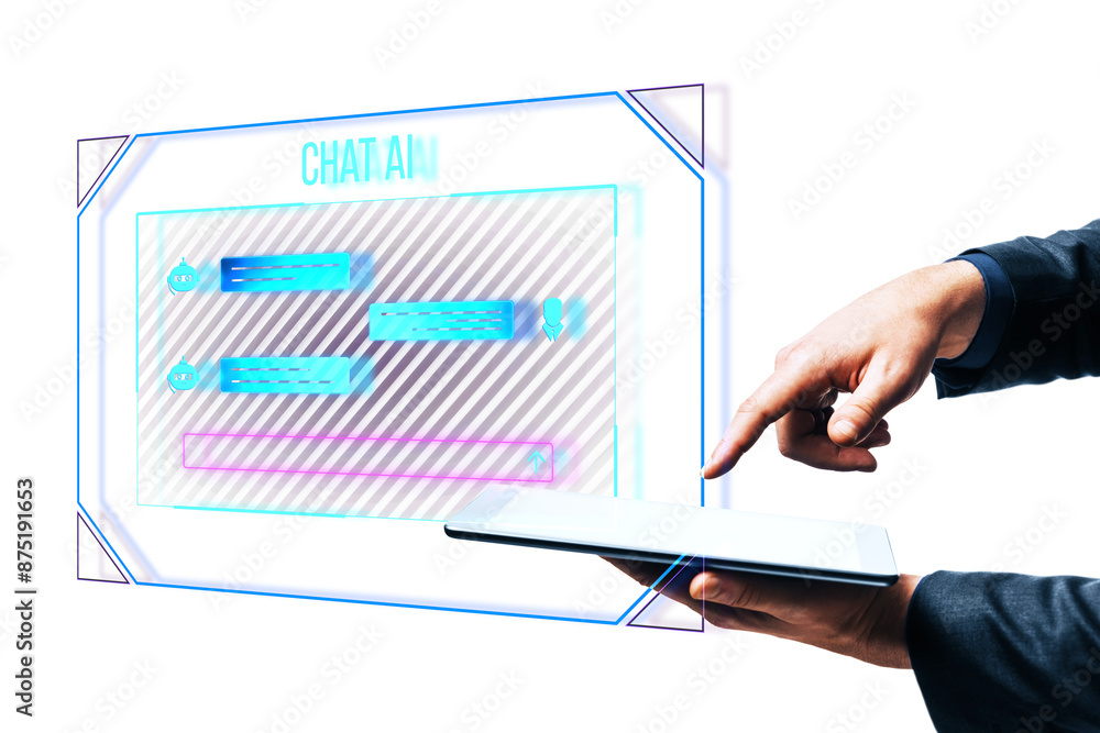 Poster a person interacting with a futuristic ai chat interface, concept of modern communication, on a whit
