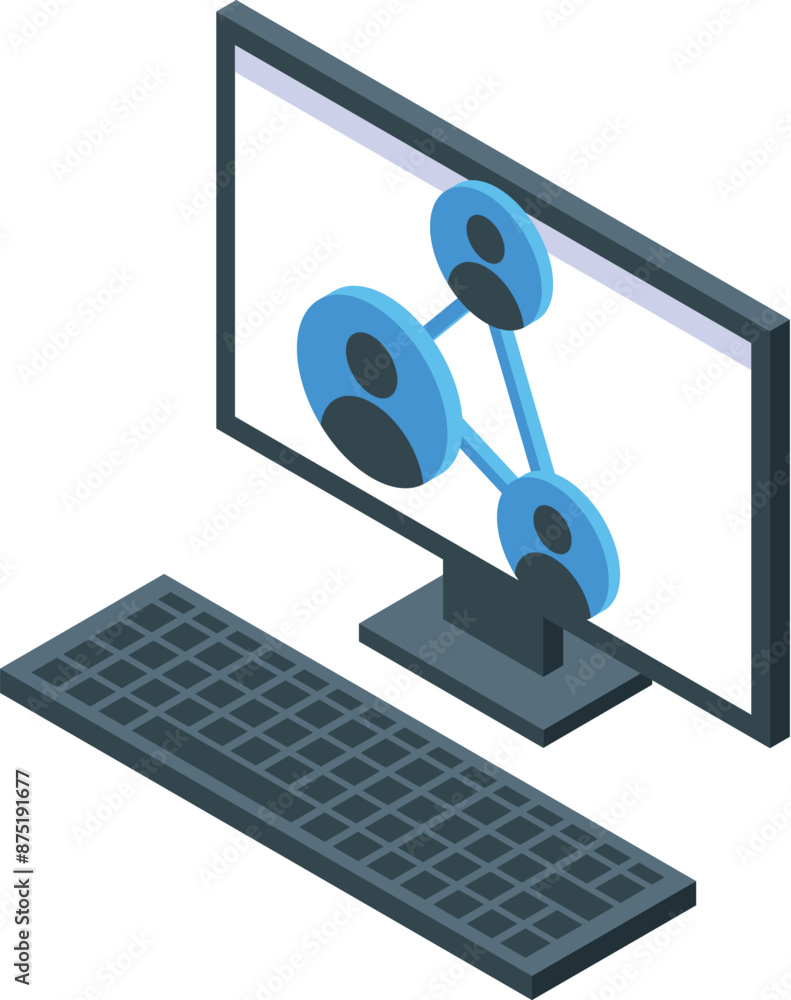 Poster desktop computer is displaying a network of people, illustrating the concept of remote teamwork
