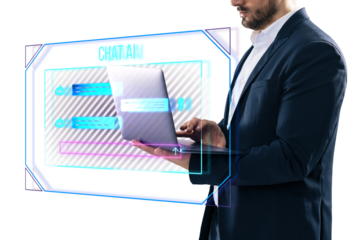 A businessman using a laptop with a graphic overlay of a chat AI interface, set against an isolated white background, representing technology