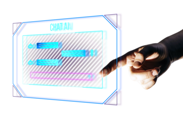 A hand interacting with a holographic AI chat interface with chat bubbles on a white background, symbolizing futuristic communication