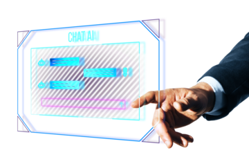 A hand interacting with a futuristic AI chat interface, set against a white background, highlighting technology concepts