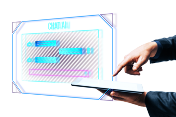 A person interacting with a futuristic AI chat interface, concept of modern communication, on a white background