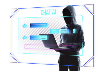 A silhouette of a person in a hoodie using a laptop with chat AI interface graphics on white background, illustrating technology concept