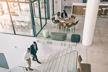 Business people, stairs and high angle of office for corporate work, accounting agency and...