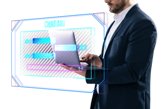 A businessman using a laptop with a graphic overlay of a chat AI interface, set against an isolated white background, representing technology