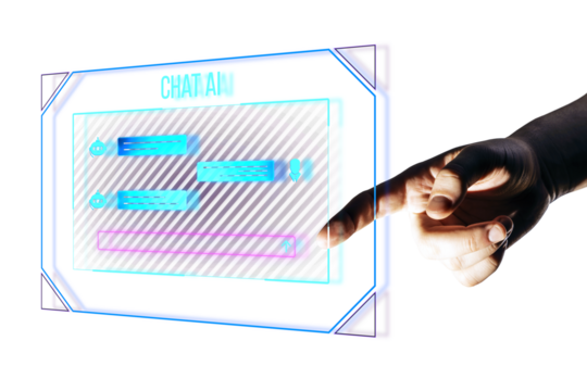 A hand interacting with a holographic AI chat interface with chat bubbles on a white background, symbolizing futuristic communication