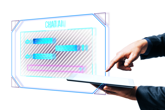A person interacting with a futuristic AI chat interface, concept of modern communication, on a white background