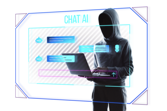 A silhouette of a person in a hoodie using a laptop with chat AI interface graphics on white background, illustrating technology concept