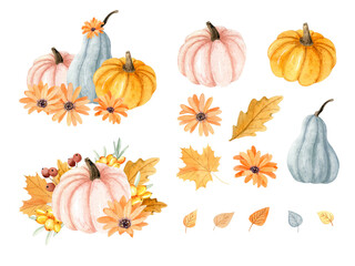 Watercolor autumn set of compositions with pumpkins and leaves in orange and blue colors