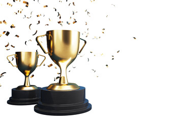 Two gold trophies on a stand with confetti falling around, isolated on a white background, symbolizing celebration of success. 3D Rendering