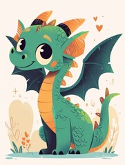 Fototapeta premium Adorable Green Dragon with Heart Background