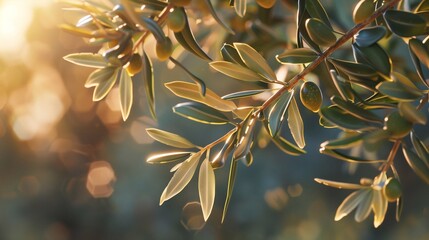 Olive branch with several olives and leaves, The leaves are a vibrant green, with some leaves catching the sunlight and appearing a bright yellow, The background is a blur of golden light and shadow.