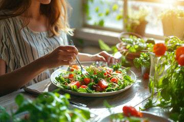 Happy beautiful young woman eating salad at home. Vegan, healthy lifestyle concept