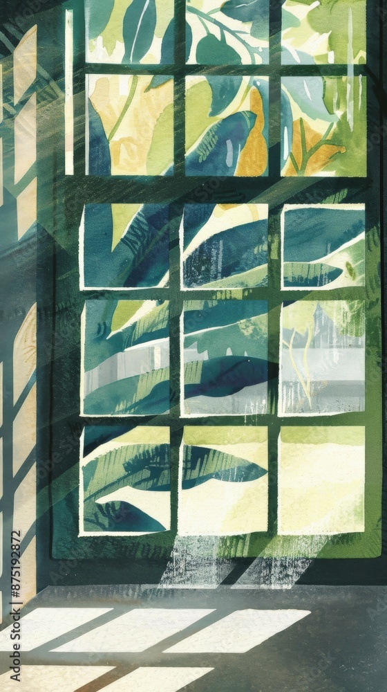 Poster sunlight streams through a window, illuminating lush foliage outside