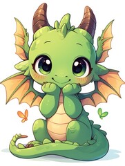 Fototapeta premium Adorable Green Dragon with Large Eyes and Orange Wings