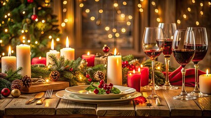 Fototapeta premium Cozy Christmas Eve dinner table setting with candles and wine, Christmas, cozy, dinner, table setting, candles, wine