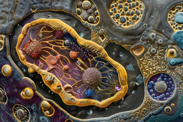 Microscopic View of Cellular Structures with Vibrant Colors and Intricate Details