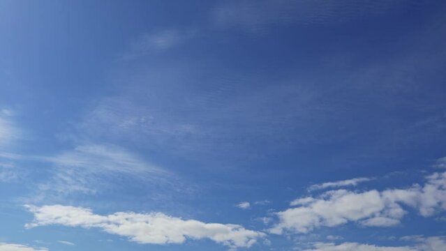 luffy cumulus white clouds are quickly floating across the blue sky.  Cloudscape timelapse.