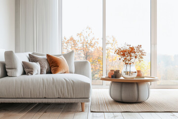 Living room interiors designer composition with a modern coffee table, a sofa and a big window filling the room with natural day lighting. Luxury residential Real Estate interiors.