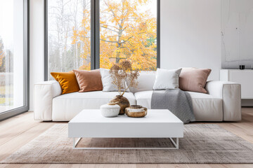 Living room interiors designer composition with a modern coffee table, a sofa and a big window filling the room with natural day lighting. Luxury residential Real Estate interiors.