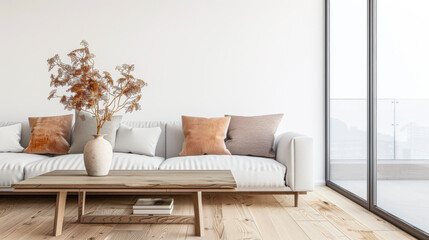 Living room interiors designer composition with a modern coffee table, a sofa and a window filling the room with natural day lighting. Luxury residential Real Estate interiors design conceptual image.