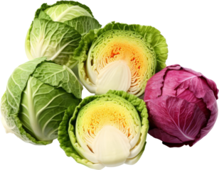 Assortment of fresh green and purple cabbages, whole and halved, isolated on white background. Healthy vegetable selection for cooking.
