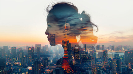 透明な女性の背景に高層ビル群
