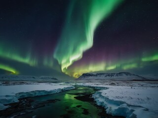 AI Generated Stunning Aurora Borealis over a Snowy Landscape. 