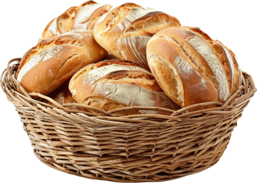 A wicker basket overflowing with freshly baked bread rolls.