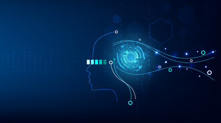 Artificial intelligence. Head of the robot with binary code matrix inside.Cyber technology ,Machine learning systems automation concept on technology background.vector illustration