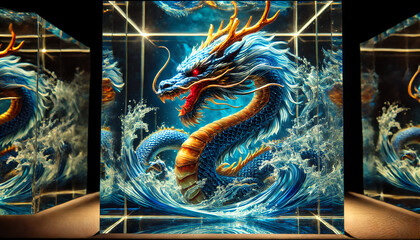 Highly detailed illustration of a blue and gold dragon with red eyes